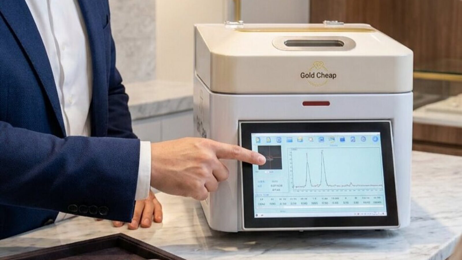 매장 대리석 카운터 위 Gold Cheap XRF 분석기 화면을 손가락으로 가리키는 모습